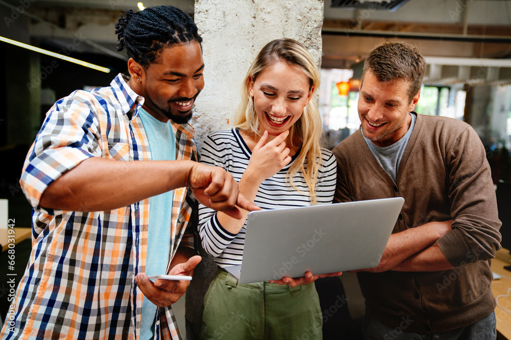 Business solutions, technology and strategy concept. Colleagues working and brainstorming in office